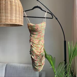 HOUSE OF CB Ella Vintage Floral Green Pink Yellow Blue Sheer Ruched Mini Dress